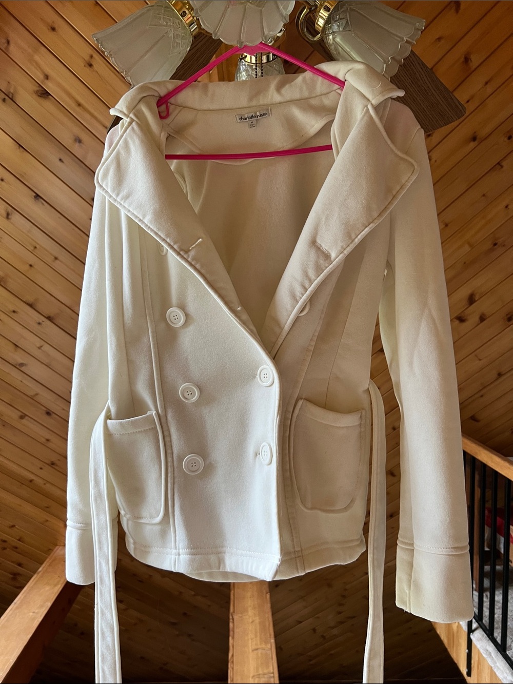 Charlotte Russe Cream Double-Breasted Hooded Pea Coat